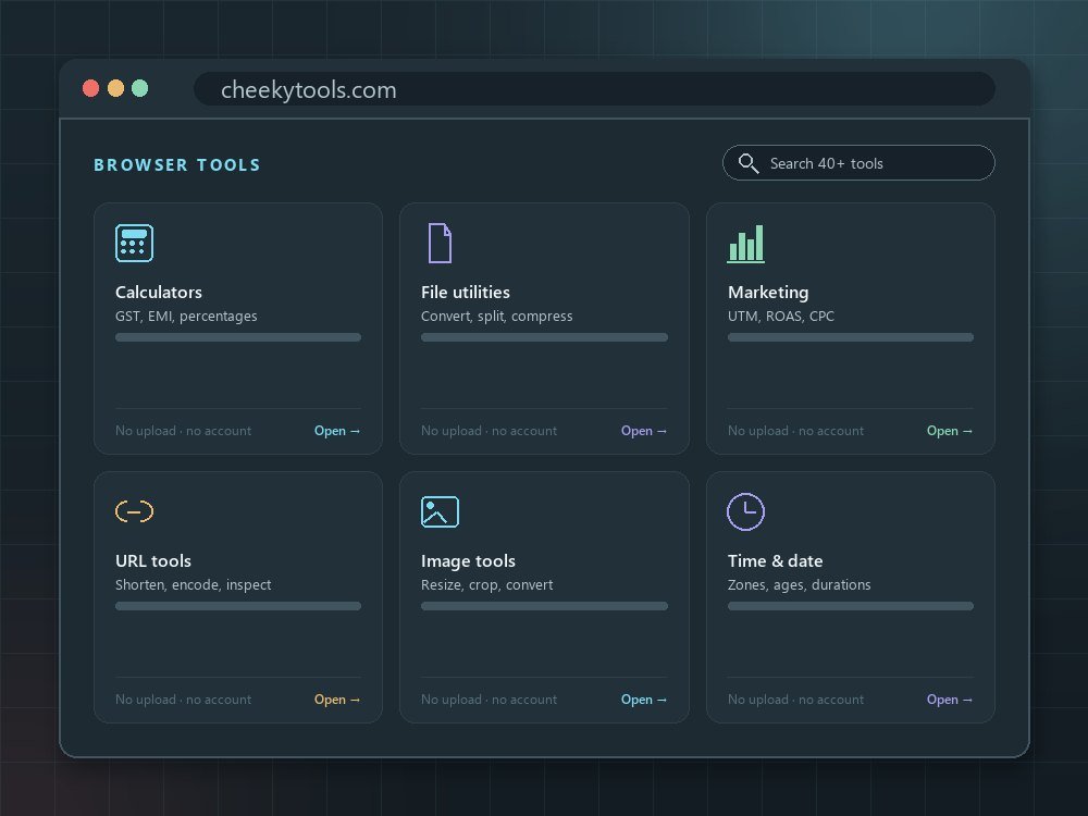 Cheeky Tools — browser-based calculators, file utilities and marketing tools.